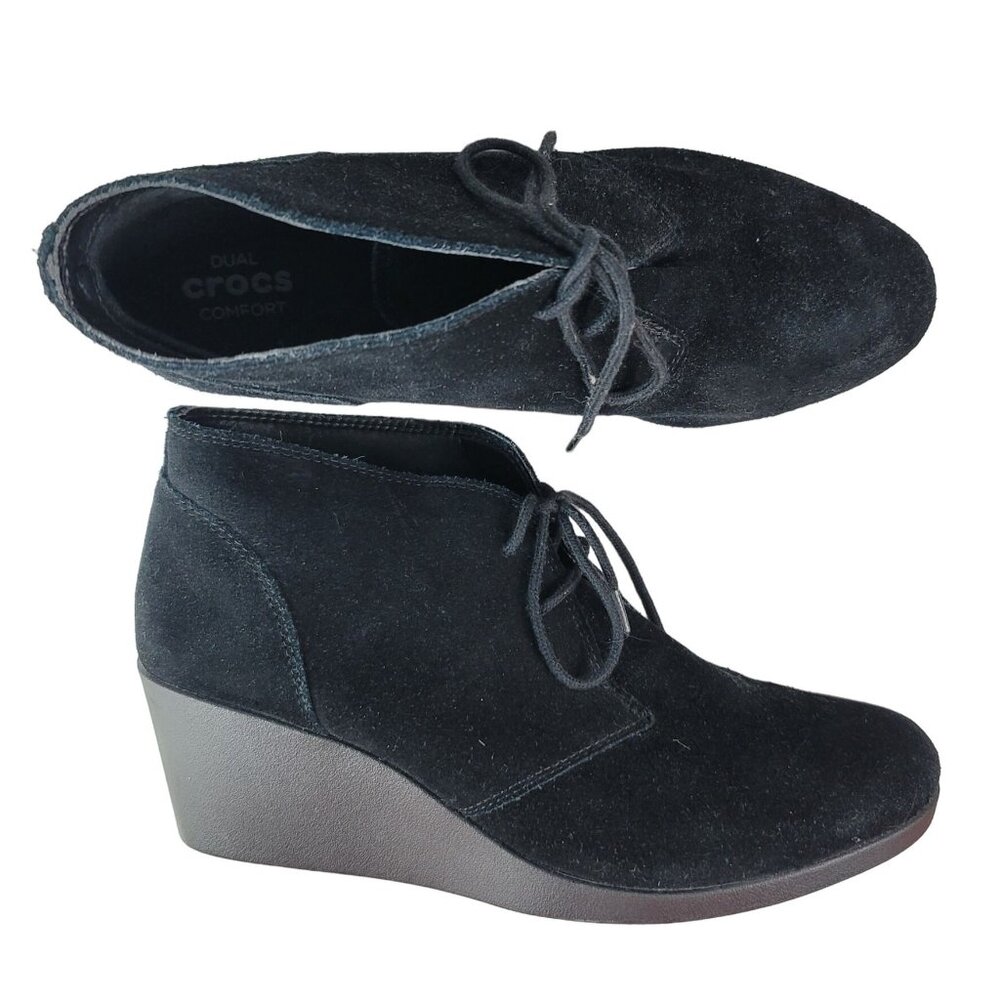 Crocs Womens Leigh Ankle Boots Black Size 10 Lace Up Booties Suede Wedge Comfort